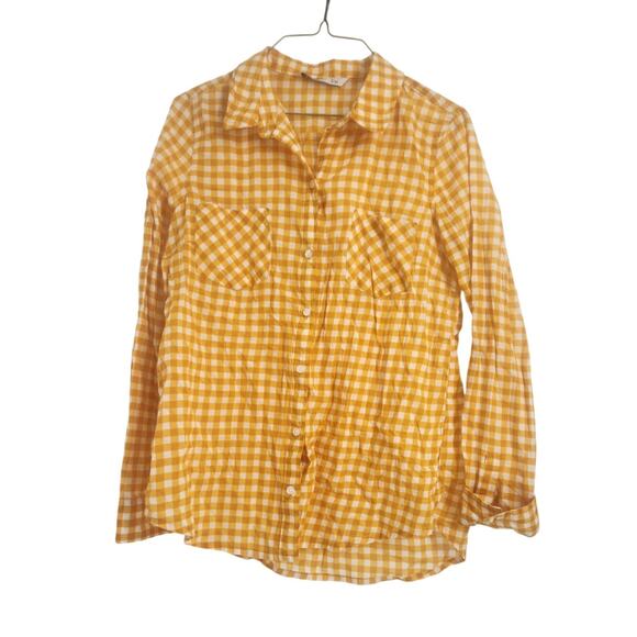 Old Navy Yellow Gingham Plaid Long Sleeve Button Down Top Womens Size Medium M - Picture 1 of 3
